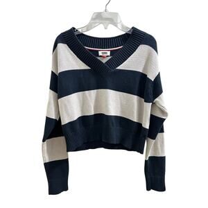 Tommy Jeans Navy & White Striped V-neck Cropped Pullover Knit Sweater EUC !